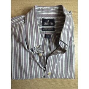Stafford Wrinkle Free Stripe Oxford Short Sleeve Button Down Shirt Mens 17 Large